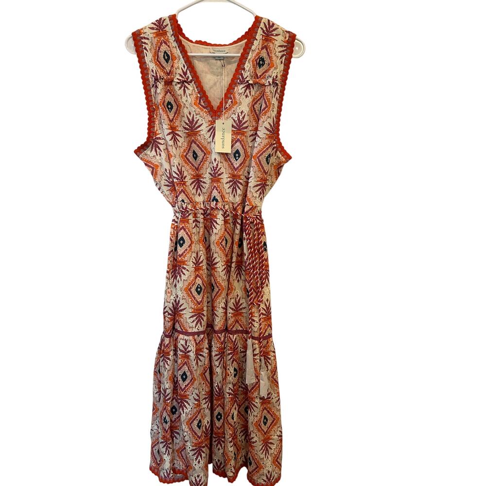 NWT Sundance Annetta Eyelet Dress Womens XL Orange Boho Geometric Tiered Midi
